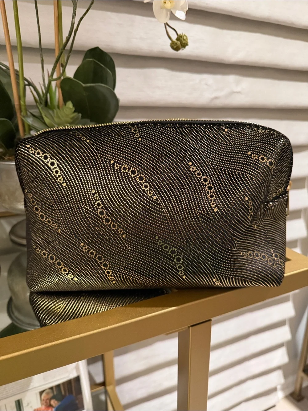 Lux Metallic Black & Gold Cosmetic Zip Pouch NWOT
